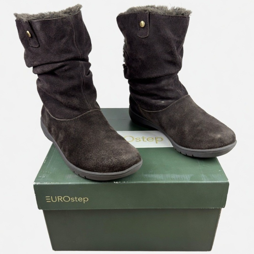 Eurostep Women's 6.5M Mid-Calf Slouch Boots Faux Fur Lined Brown Suede Round Toe